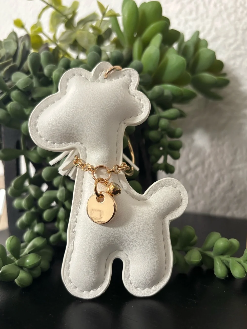 White Giraffe Faux Leather Bag Charm / Keychain with Gold Hardware &Tassel